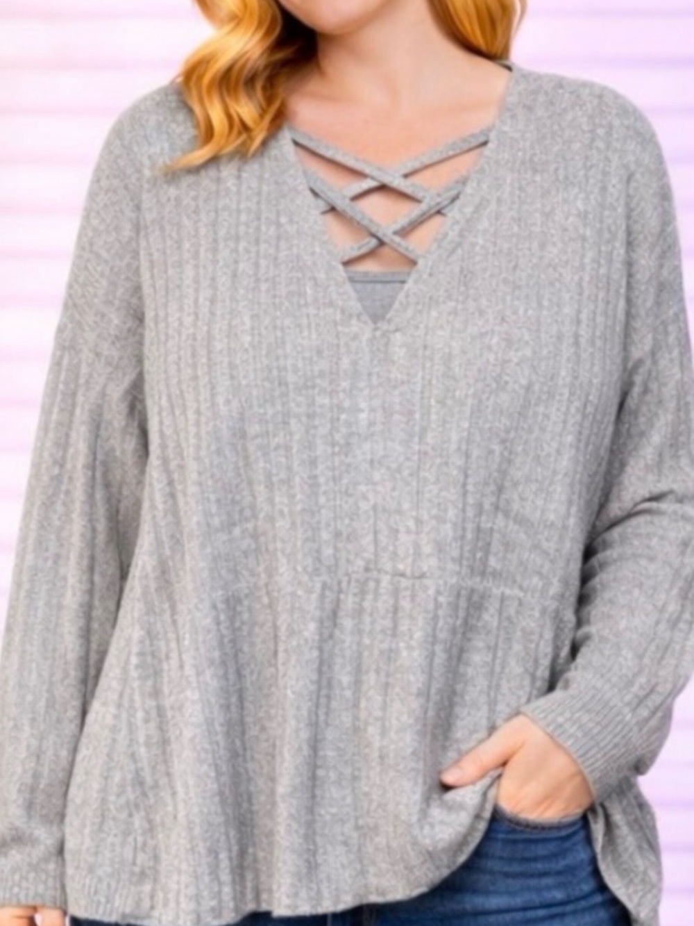 Women’s Plus Size Grey Cozy Sweater with Crossed Front - Size 4X